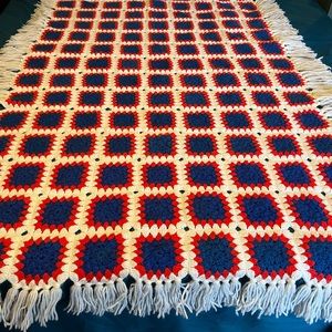 Vintage red white and blue granny square throw blanket